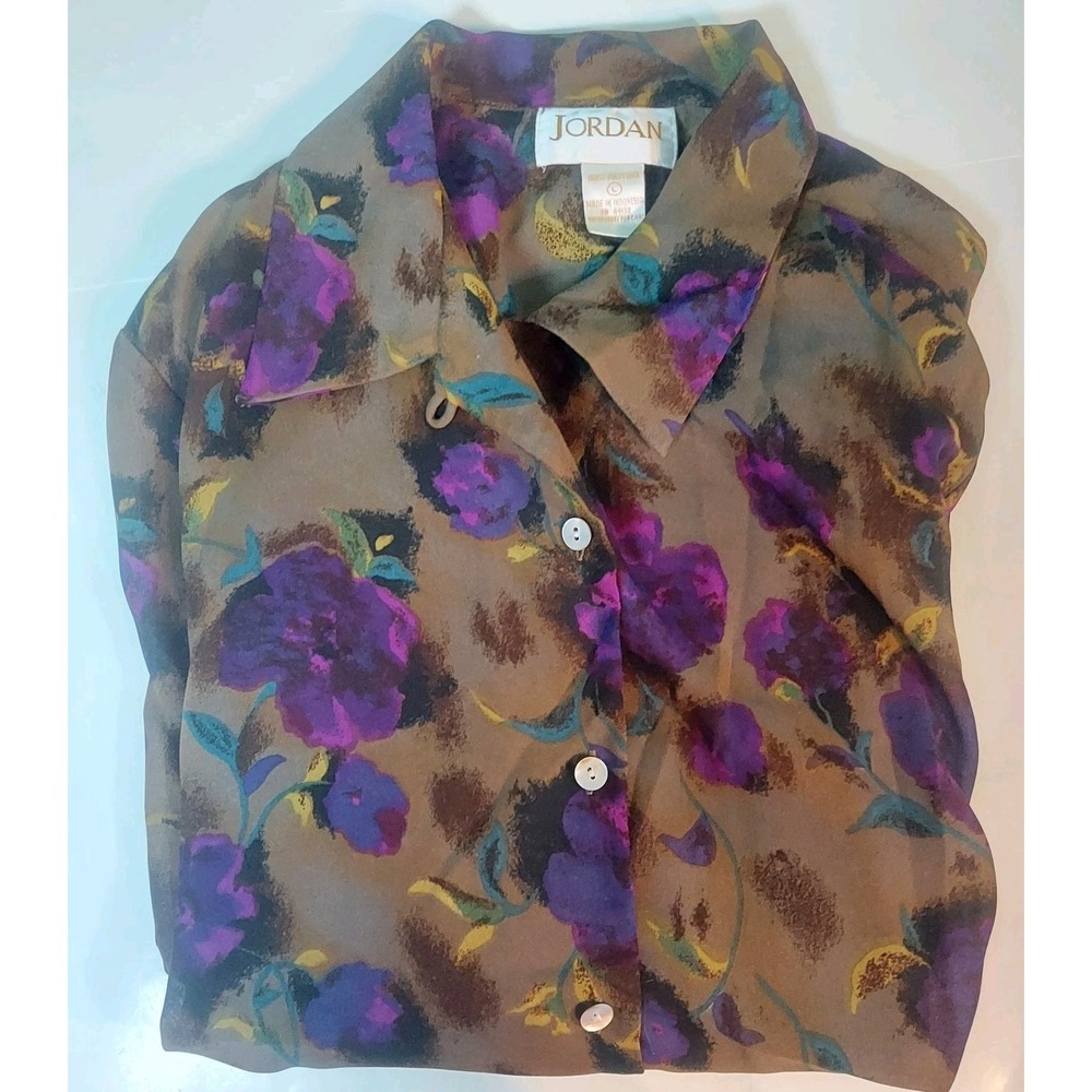 Jordan‎ Womens Button Up Blouse Brown Floral Long Sleeve Large Boho Y2k Colorful